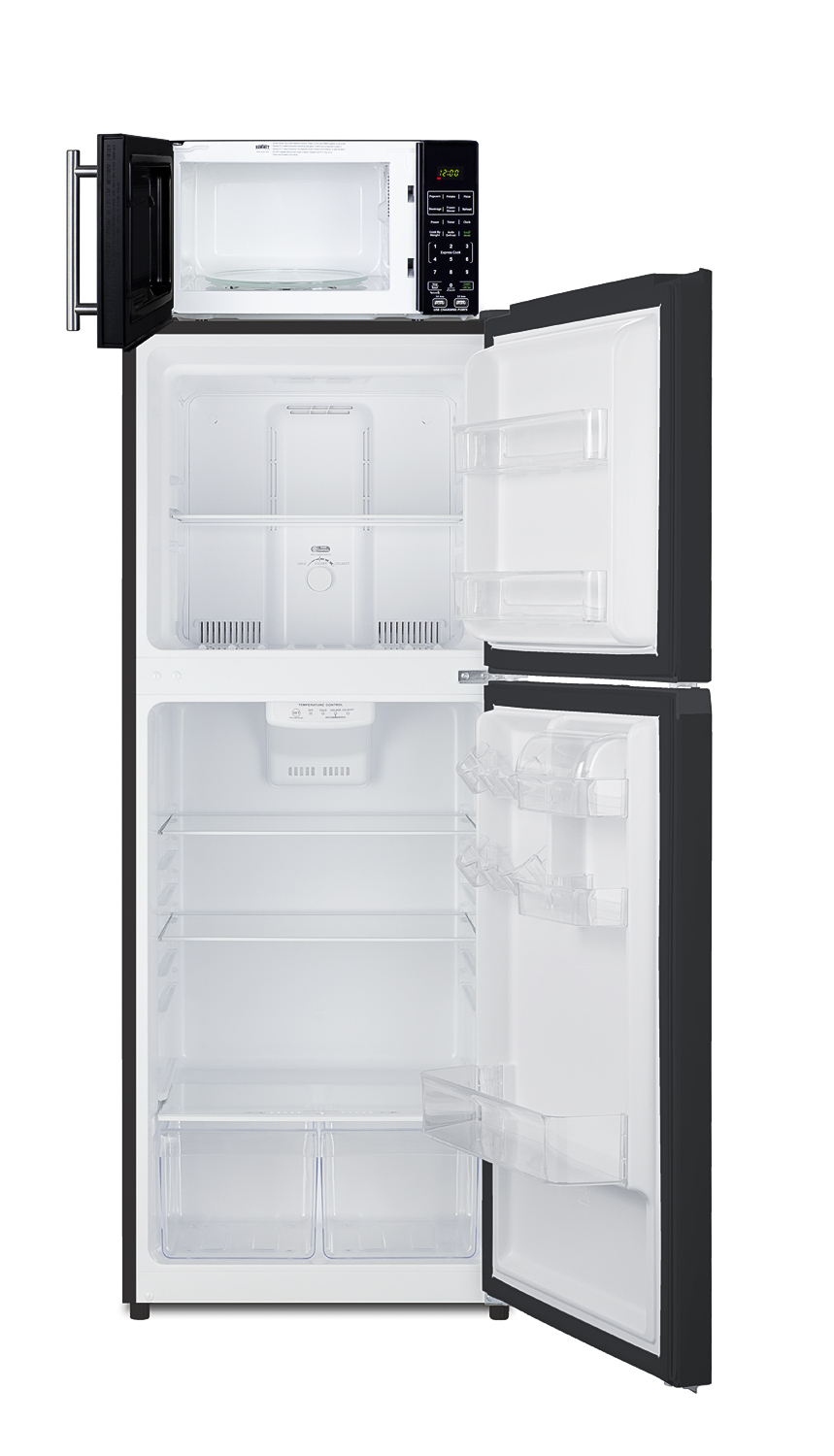 Frost-free 10.1 cu.ft. refrigerator-freezer and compact microwave in black with allocator and USB ports for 1-plug operation; ships in three boxes on one pallet